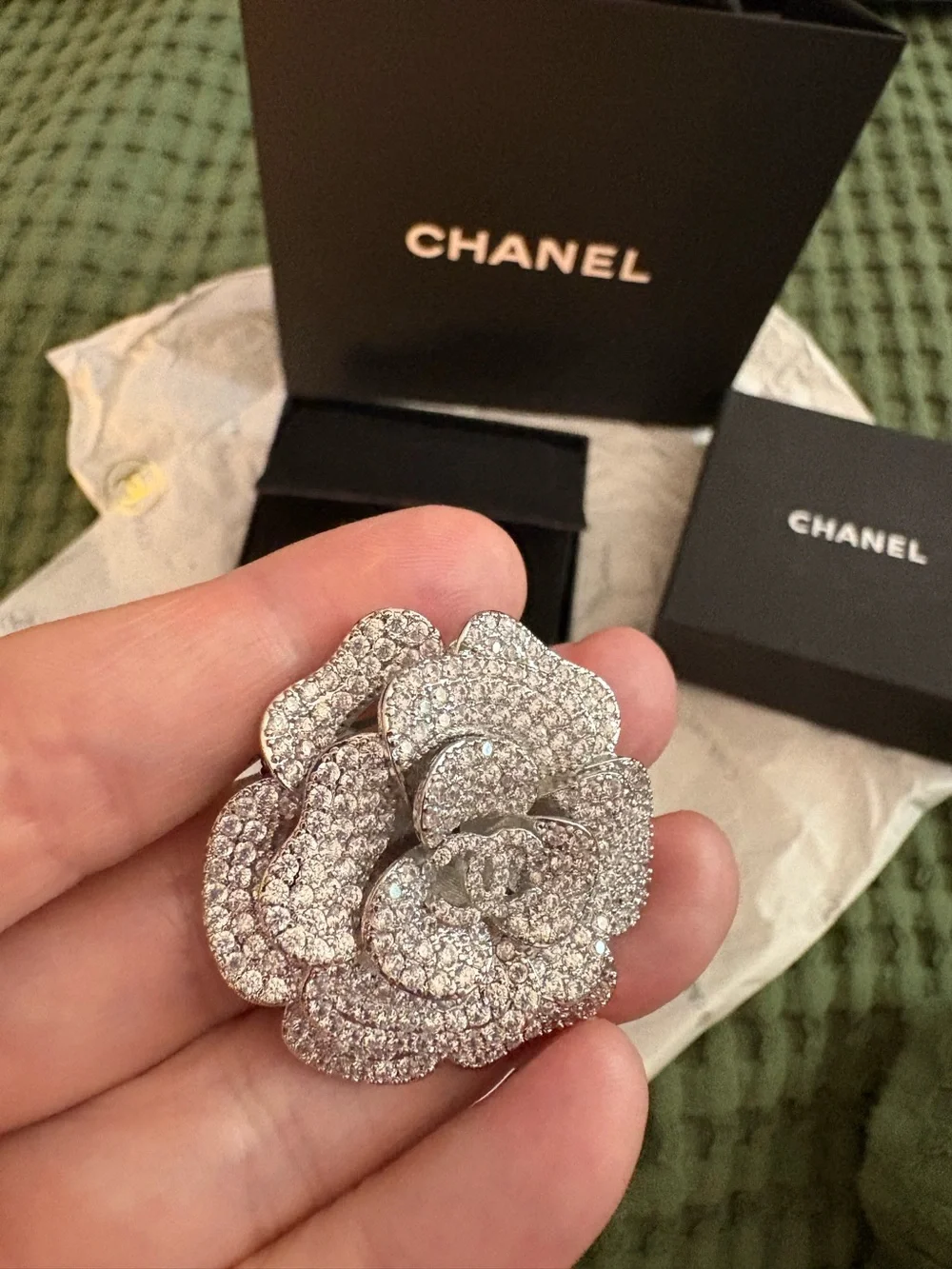 CHANEL Silver Crystal Camellia Brooch - Sparkling Silver
